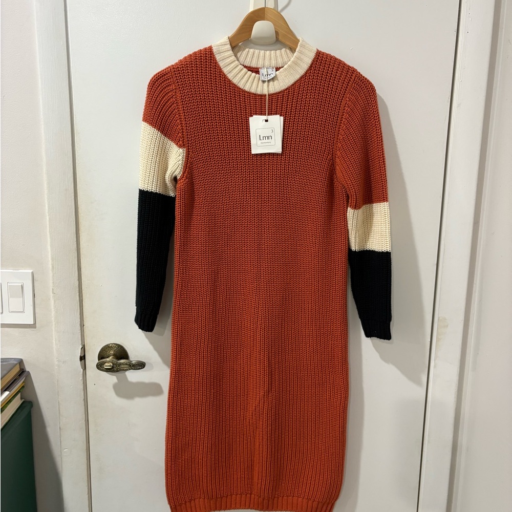 NWT Lmn3 *womens* size 8 / knit color block sweater dress / orange black ivory
